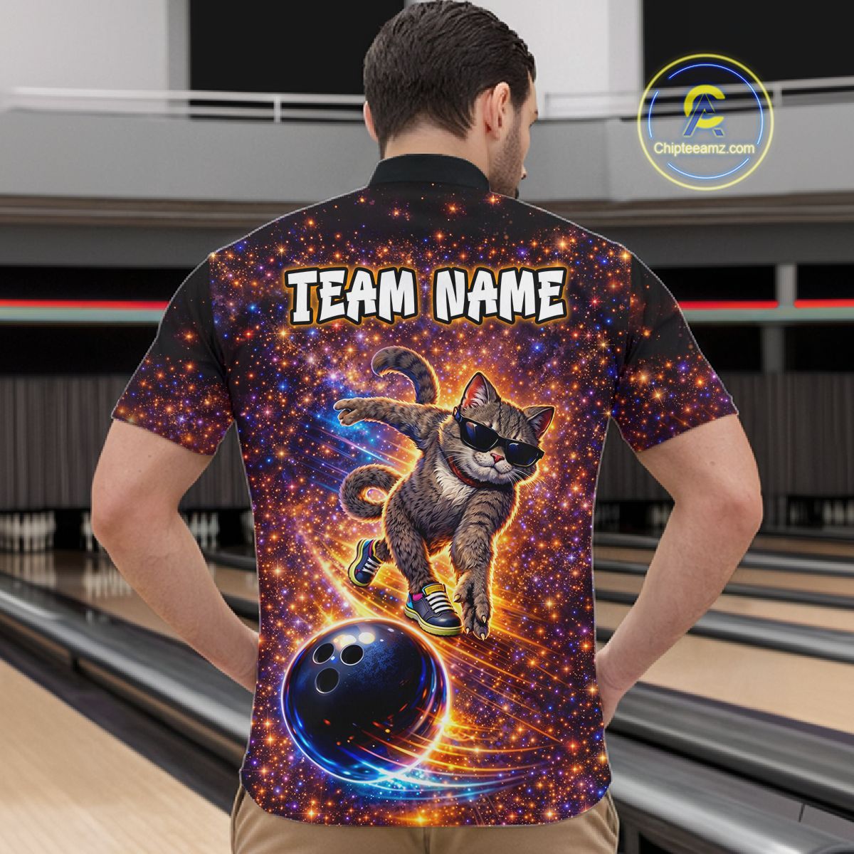 Custom Galaxy Funny Cat Bowling Shirt for Men Bowling League Jersey Polo & Quarter-Zip Bowling Outfit QZT917