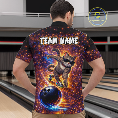 Custom Galaxy Funny Cat Bowling Shirt for Men Bowling League Jersey Polo & Quarter-Zip Bowling Outfit QZT917