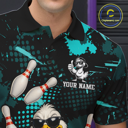 Custom Turquoise Funny Duck Bowling Shirt for Men Bowling Jersey Polo & 1/4 Zip Bowling Outfit QZT943