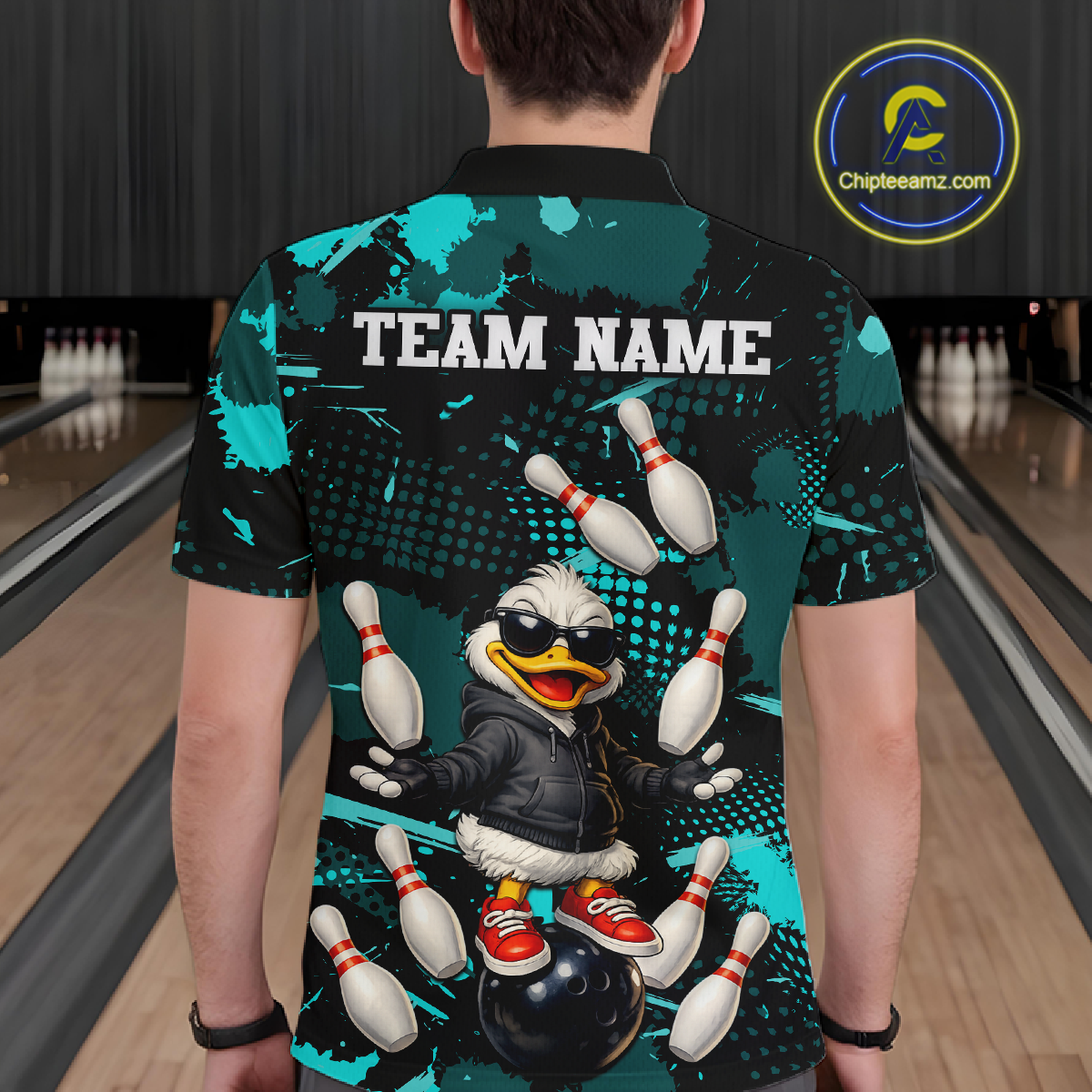 Custom Turquoise Funny Duck Bowling Shirt for Men Bowling Jersey Polo & 1/4 Zip Bowling Outfit QZT943