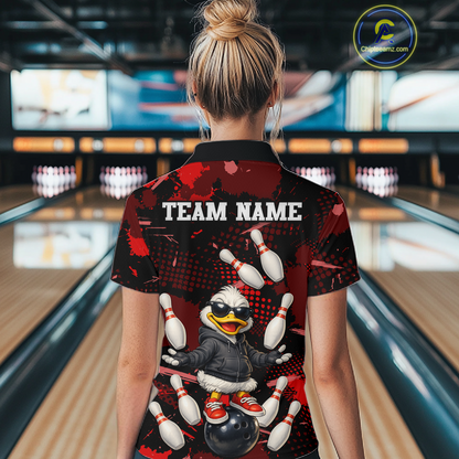 Custom Red Funny Duck Bowling Shirt for Women Bowling Jersey Polo & 1/4 Zip Bowling Outfit QZT943