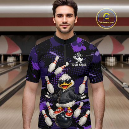 Custom Purple Funny Duck Bowling Shirt for Men Bowling Jersey Polo & 1/4 Zip Bowling Outfit QZT943