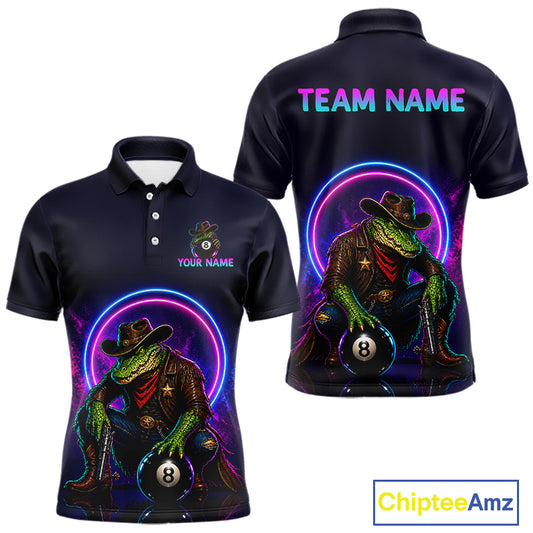 Black polo shirt with a colorful design of a crocodile in a cowboy hat and suit, holding an 8-ball, on a white background. 'Chiptee Amz' brand visible.
