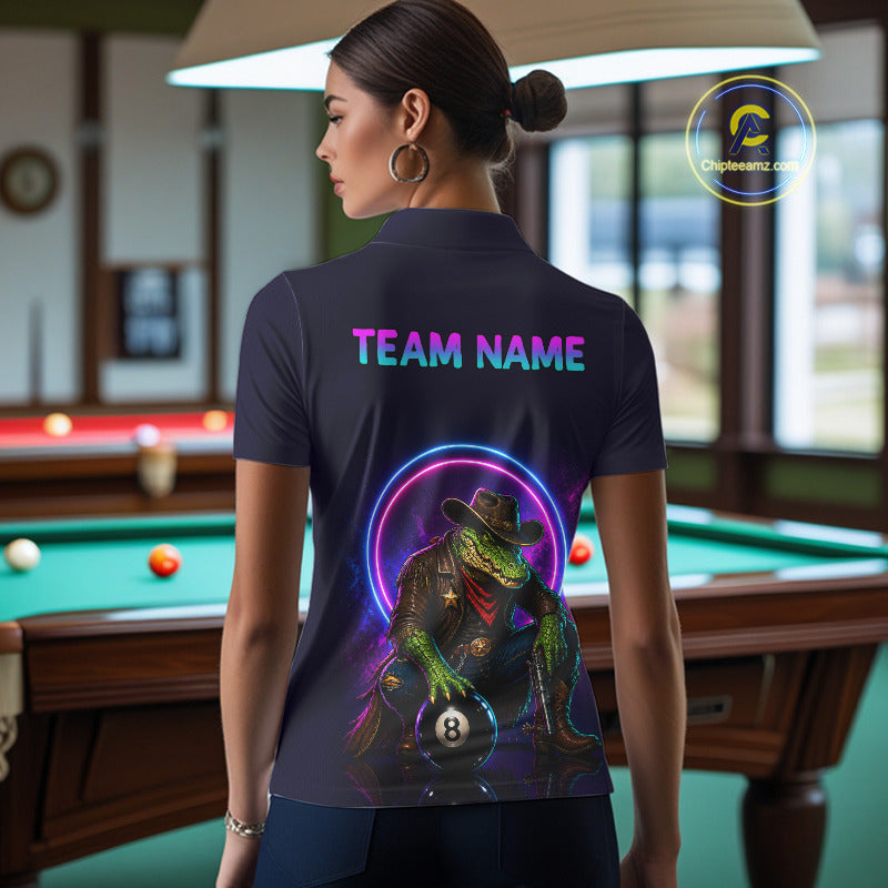 Person wearing a dark blue polo shirt with a colorful graphic and 'TEAM NAME' text in a pool hall.