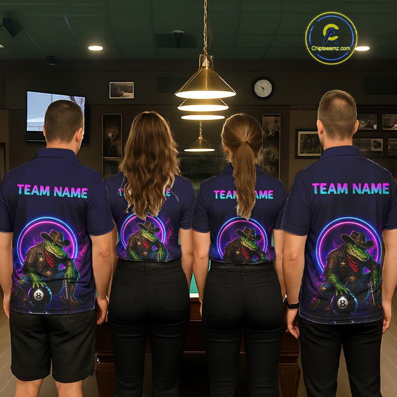 Four people wearing matching shirts with a colorful design and 'TEAM NAME' text in a casual setting.