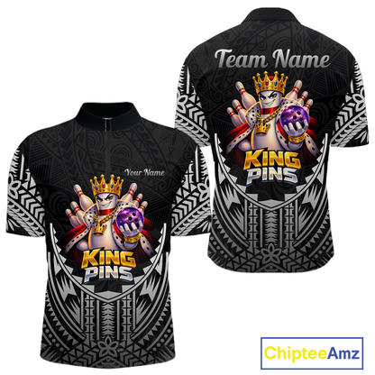 Funny King Pins Bowling Team Shirt for Men Custom Tribal Buddies Bowling Jersey Polo & 1/4 Zip QZT946