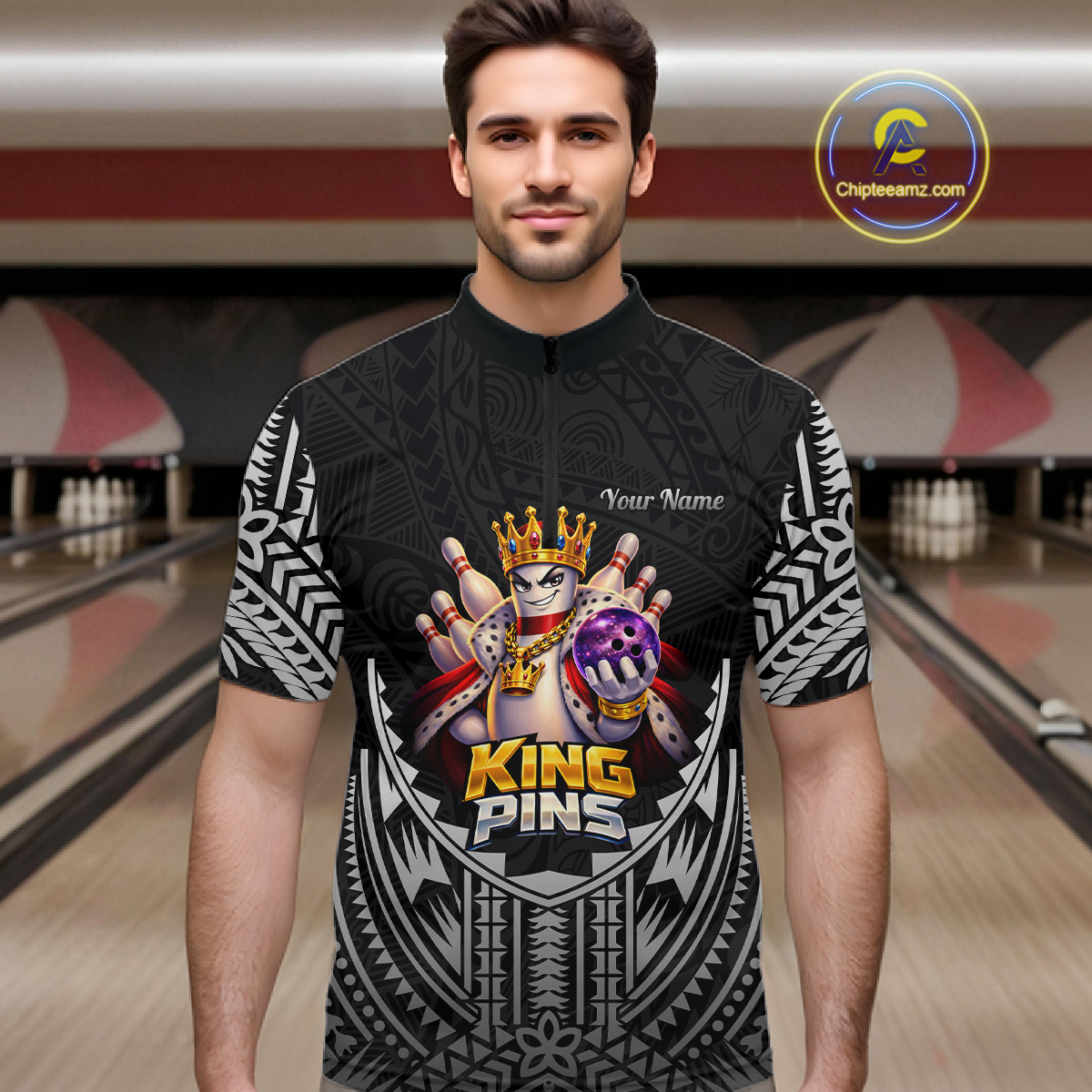 Funny King Pins Bowling Team Shirt for Men Custom Tribal Buddies Bowling Jersey Polo & 1/4 Zip QZT946