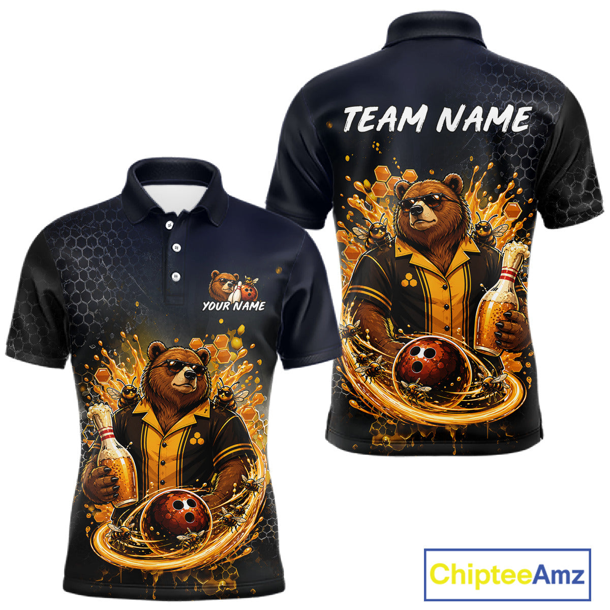 Custom black & gold bear bee & beer bowling polo shirt, front and back views, bowling league jersey for men