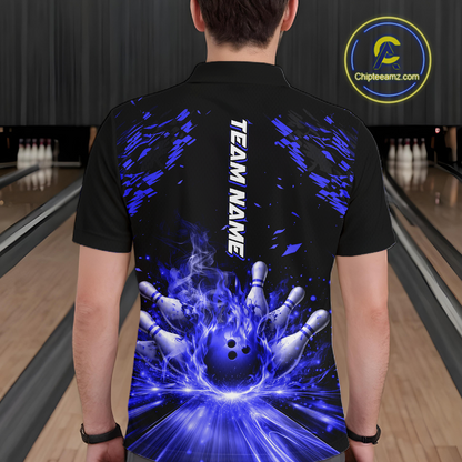 Custom Blue Flame Bowling Team Shirt for Men Polo & 1/4-Zip Bowling Jersey Bowling League Uniform QZT866