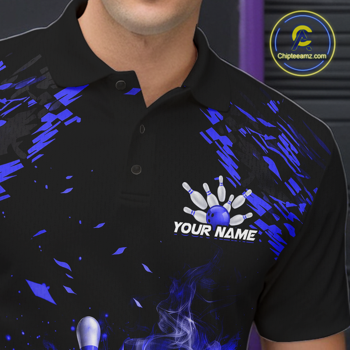 Custom Blue Flame Bowling Team Shirt for Men Polo & 1/4-Zip Bowling Jersey Bowling League Uniform QZT866