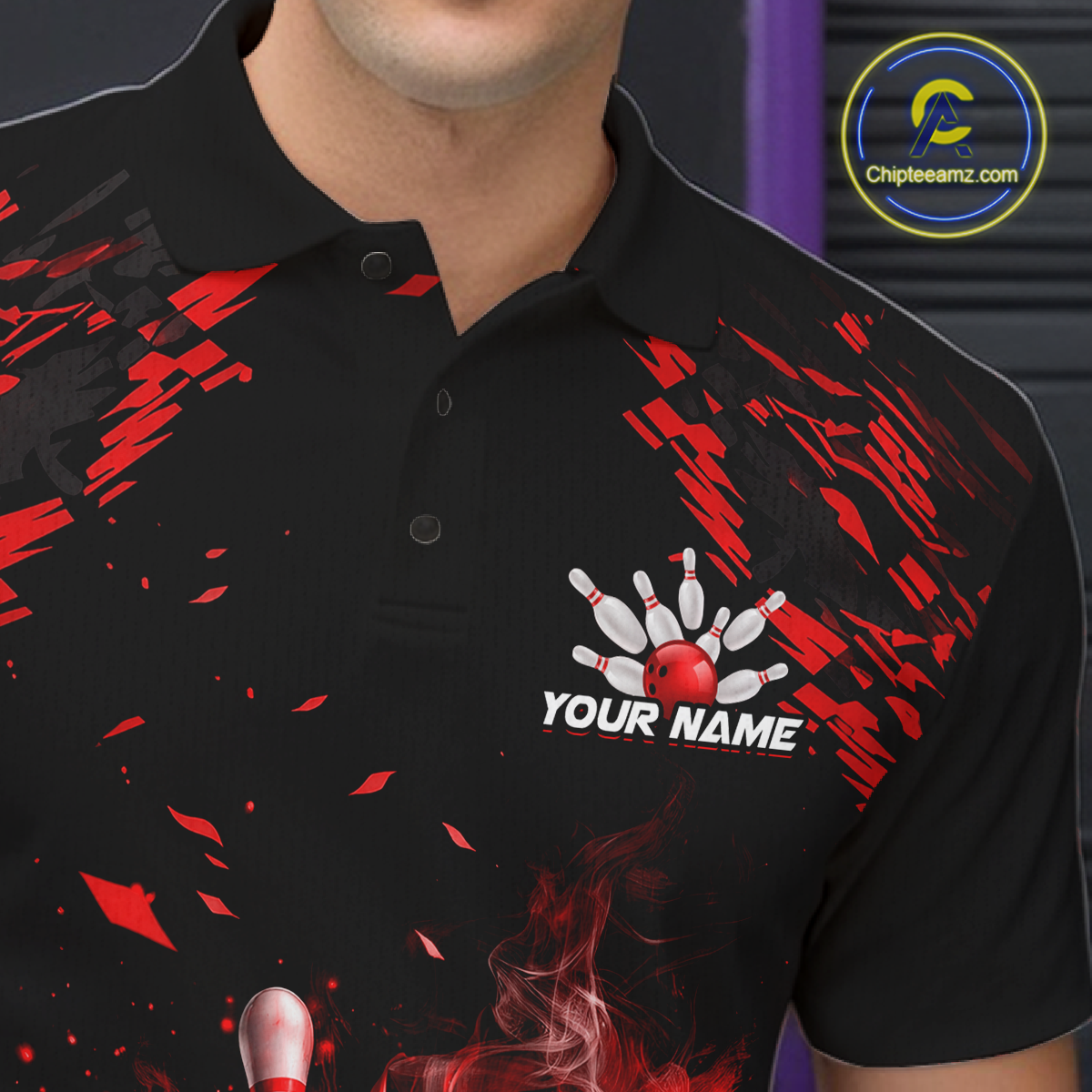 Custom Red Flame Bowling Team Shirt for Men Polo & 1/4-Zip Bowling Jersey Bowling League Uniform QZT866