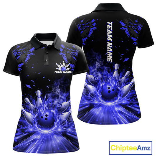 Custom Blue Flame Bowling Team Shirt for Women Polo & 1/4-Zip Bowling Jersey Bowling League Uniform QZT866