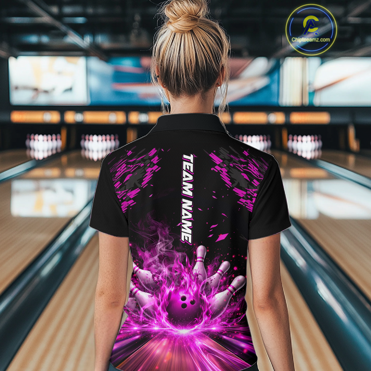 Custom Pink Flame Bowling Team Shirt for Women Polo & 1/4-Zip Bowling Jersey Bowling League Uniform QZT866