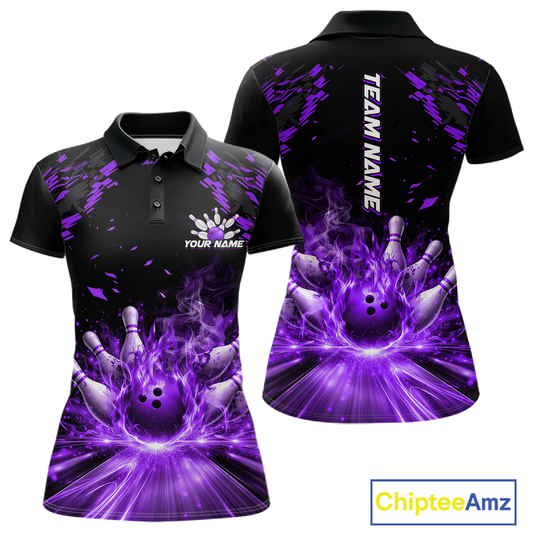 Custom Purple Flame Bowling Team Shirt for Men Polo & 1/4-Zip Bowling Jersey Bowling League Uniform QZT866