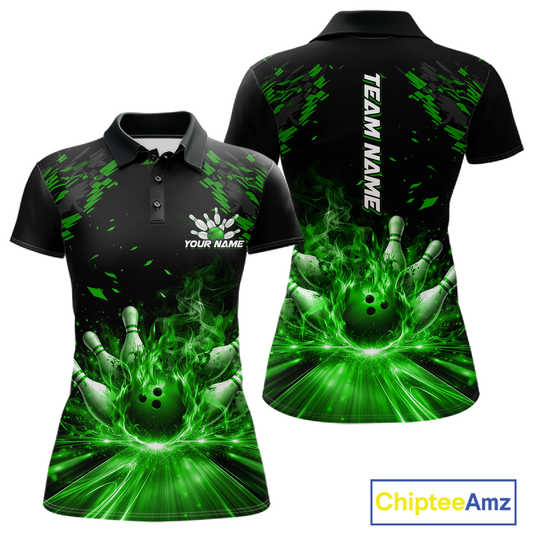 Custom Green Flame Bowling Team Shirt for Women Polo & 1/4-Zip Bowling Jersey Bowling League Uniform QZT866