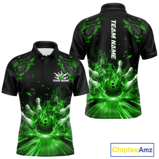 Custom Green Flame Bowling Team Shirt for Men Polo & 1/4-Zip Bowling Jersey Bowling League Uniform QZT866