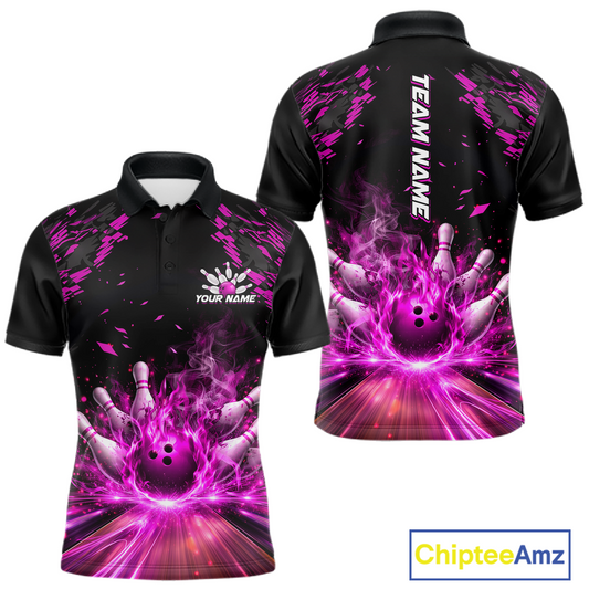 Custom Pink Flame Bowling Team Shirt for Men Polo & 1/4-Zip Bowling Jersey Bowling League Uniform QZT866