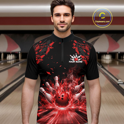 Custom Red Flame Bowling Team Shirt for Men Polo & 1/4-Zip Bowling Jersey Bowling League Uniform QZT866