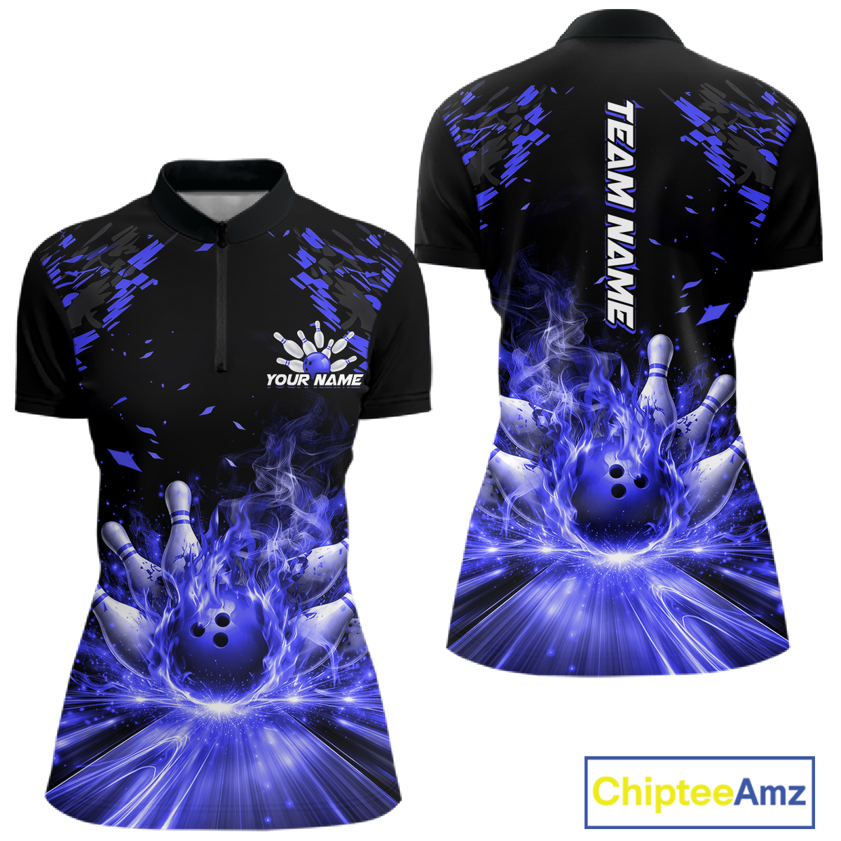 Custom Blue Flame Bowling Team Shirt for Women Polo & 1/4-Zip Bowling Jersey Bowling League Uniform QZT866