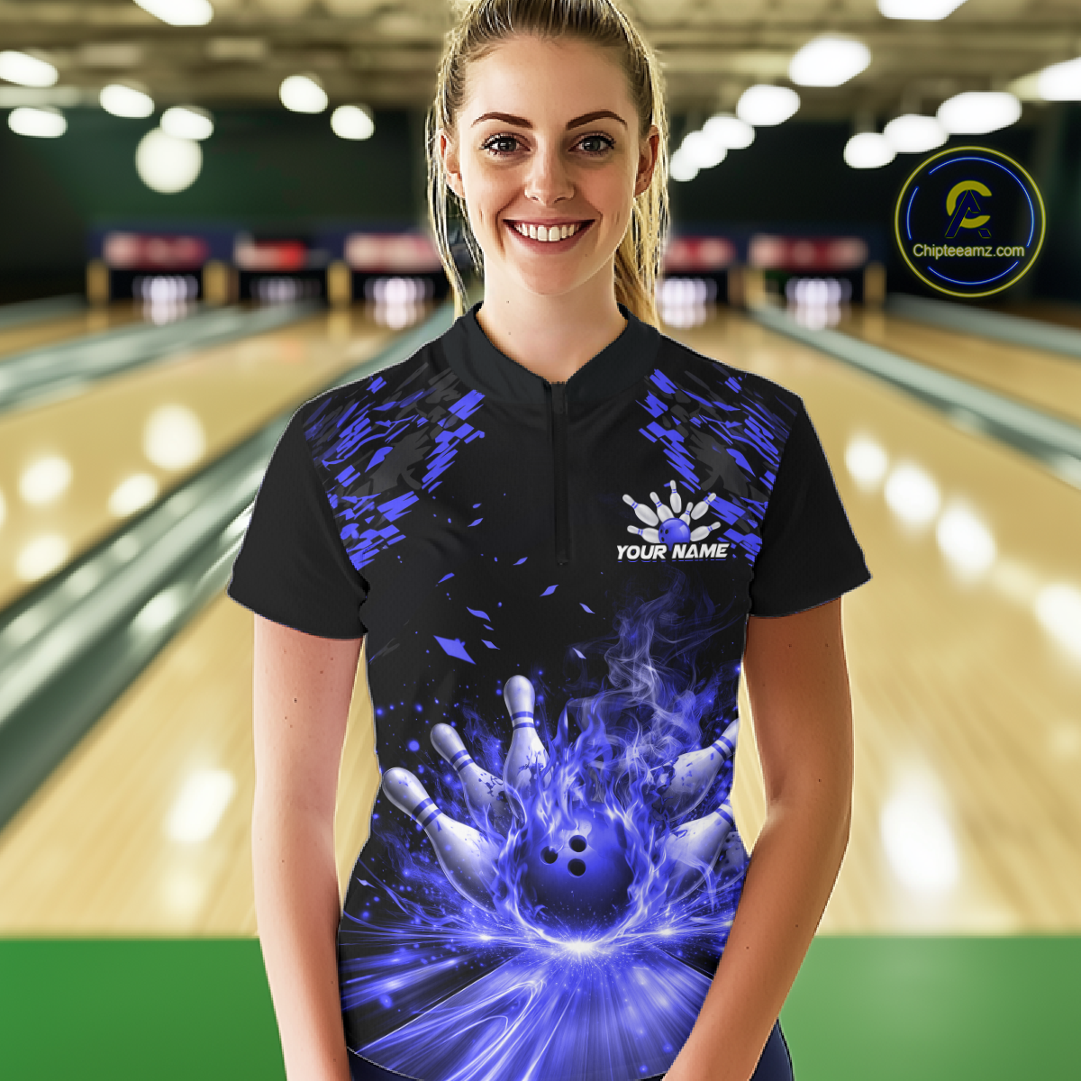 Custom Blue Flame Bowling Team Shirt for Women Polo & 1/4-Zip Bowling Jersey Bowling League Uniform QZT866