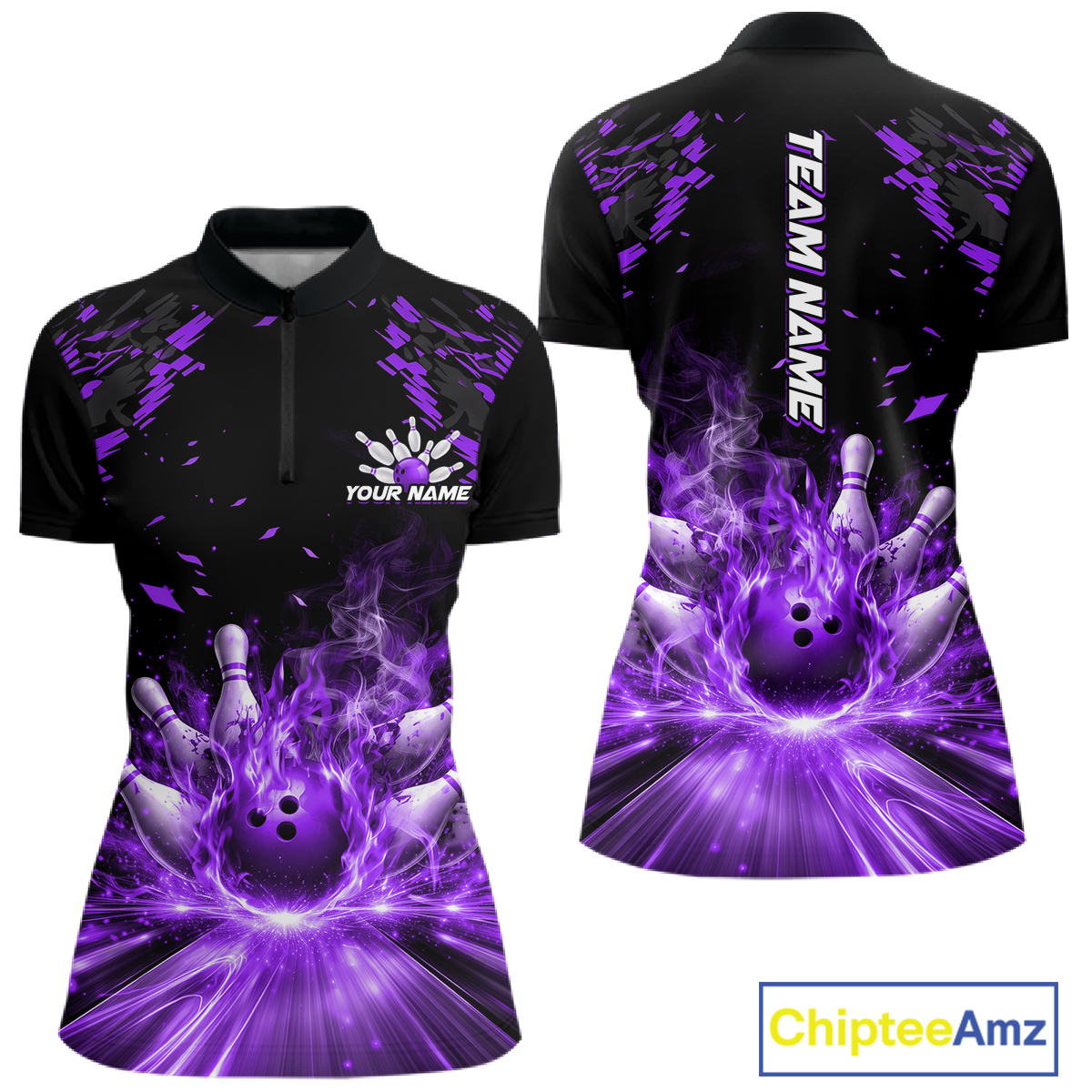 Custom Purple Flame Bowling Team Shirt for Men Polo & 1/4-Zip Bowling Jersey Bowling League Uniform QZT866