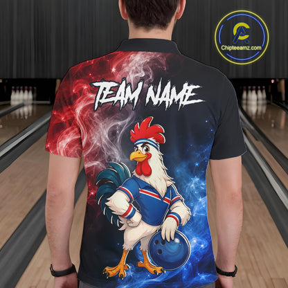Man wearing custom American Flag smoke funny rooster bowling polo shirt, back view mockup, personalized bowling league jersey.