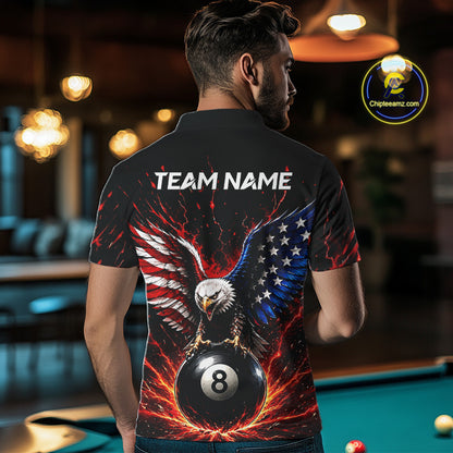 Man wearing a black polo shirt with an eagle and number 8 design, standing in a pool hall.