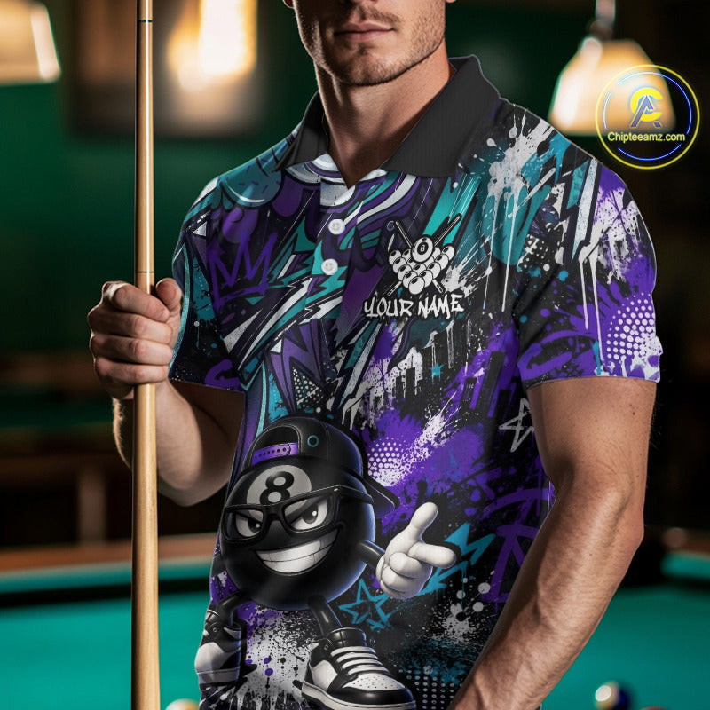 Person wearing a colorful polo shirt with a pool ball design, holding a pool cue in a billiards setting.
