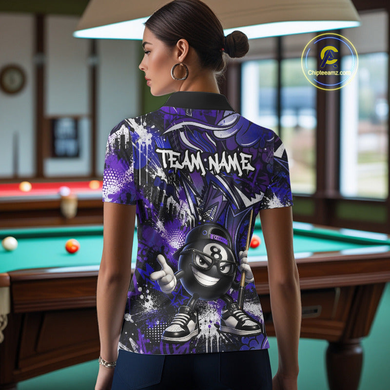 Person wearing a purple jersey with a billiards design in a pool hall.