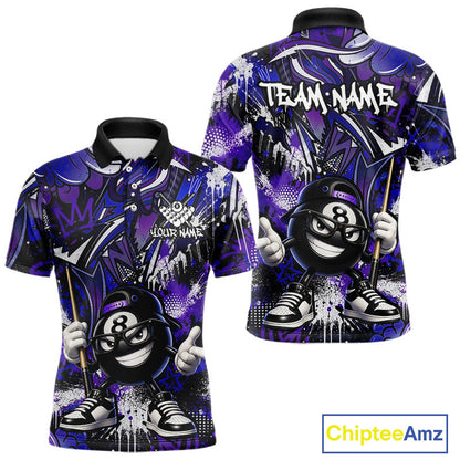 Purple and blue polo shirt with billiard ball design and 'Team Name' text, featuring Chiptee Amz branding.
