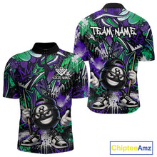 Load image into Gallery viewer, Green and purple billiard jersey with cartoon character design on a white background, featuring the brand 'Chiptee Amz'.