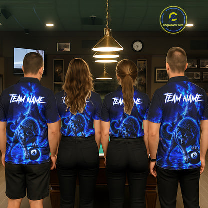 Four people standing with their backs to the camera in a billiards room, wearing matching custom short-sleeve collared shirts with a blue and black pool-themed graphic design and 'TEAM NAME' printed across the back.