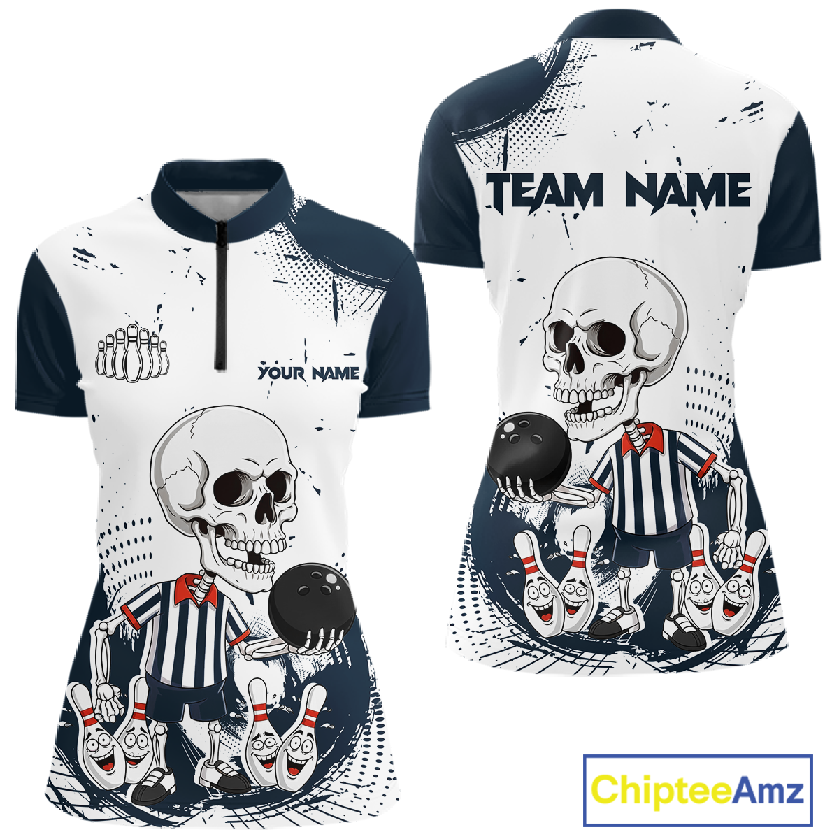 Skeleton Bowling Team Shirt for Women Personalized Funny Bowling Team Jersey Polo & 1/4-Zip QZT818