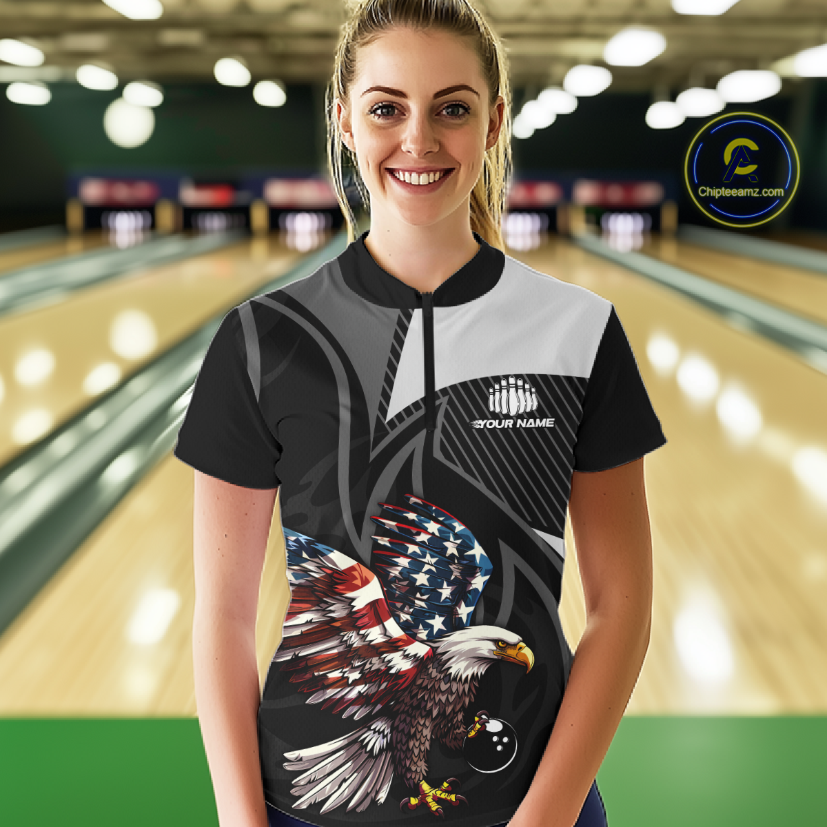 Custom American Flag Eagle Bowling Polo Shirt Quarter-Zip Bowling Jersey for Women QZT819