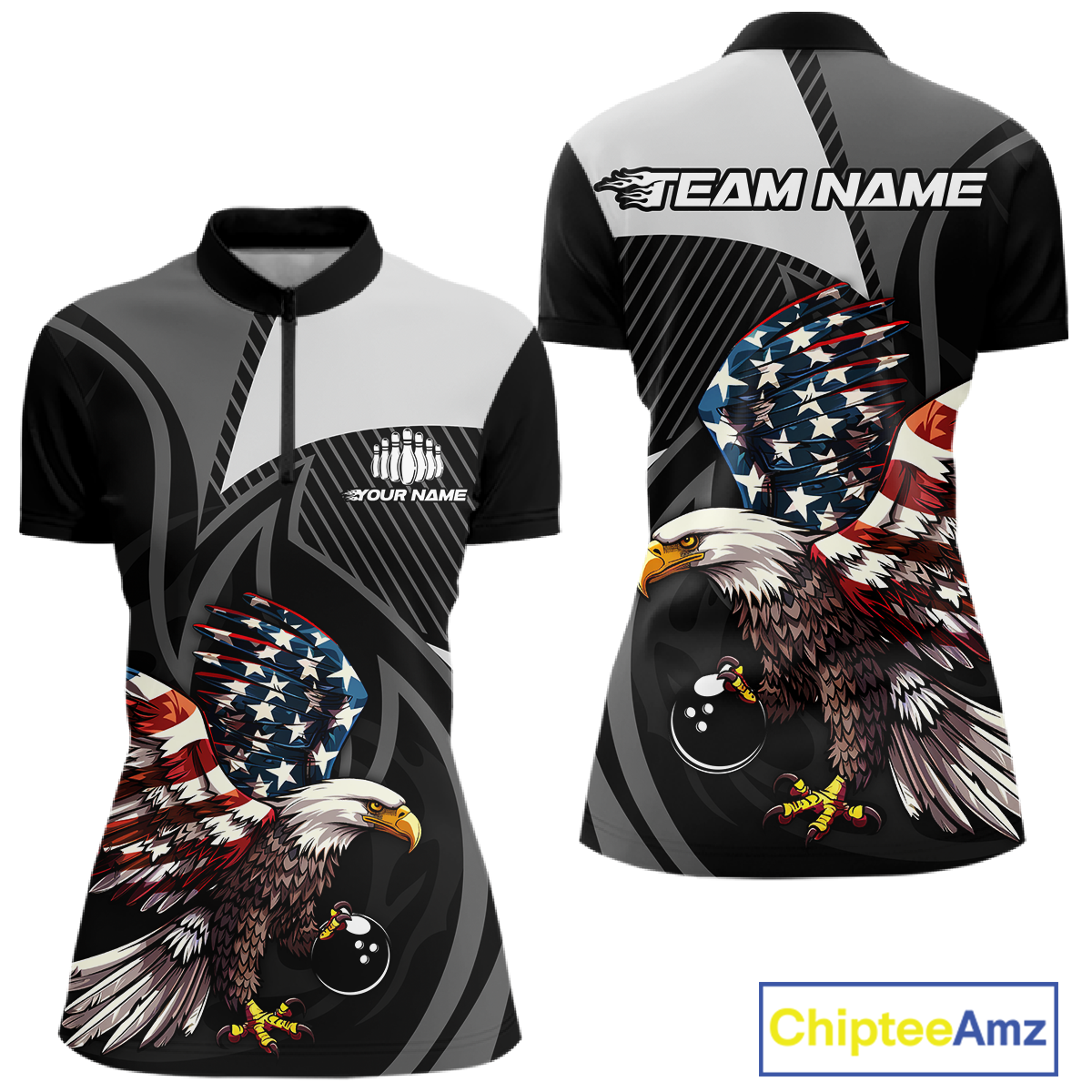 Custom American Flag Eagle Bowling Polo Shirt Quarter-Zip Bowling Jersey for Women QZT819