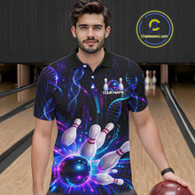 Load image into Gallery viewer, Man wearing custom Neon DNA  bowling polo shirt, front view mockup, personalized bowling league jersey.