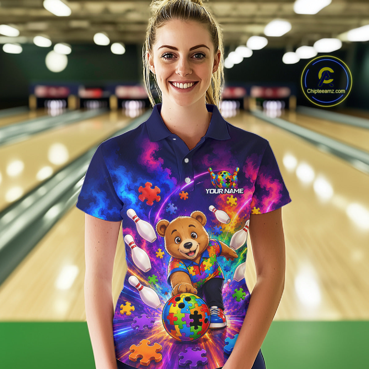 Colorful Autism Bear Bowling Shirt Custom Bowling Jersey League for Women Polo & 1/4-Zip QZT1052