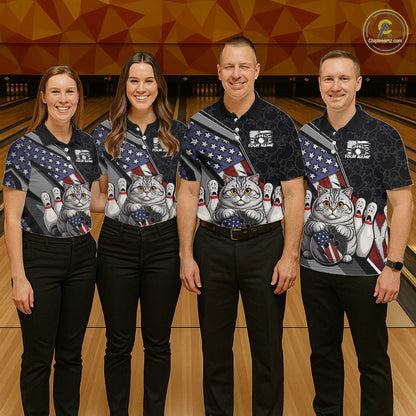Group of four wearing custom black patriotic cat bowling shirts front view featuring a cute cartoon feline, American flag and bowling ball at the bowling alley