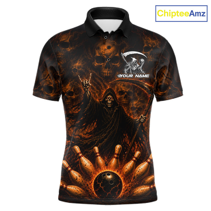 A short-sleeve polo shirt with a dark, fiery graphic print featuring a grim reaper, skulls, bowling pins, and a bowling ball. The shirt has a black collar and a custom placeholder print on the left chest reading 'YOUR NAME' with a grim reaper logo.