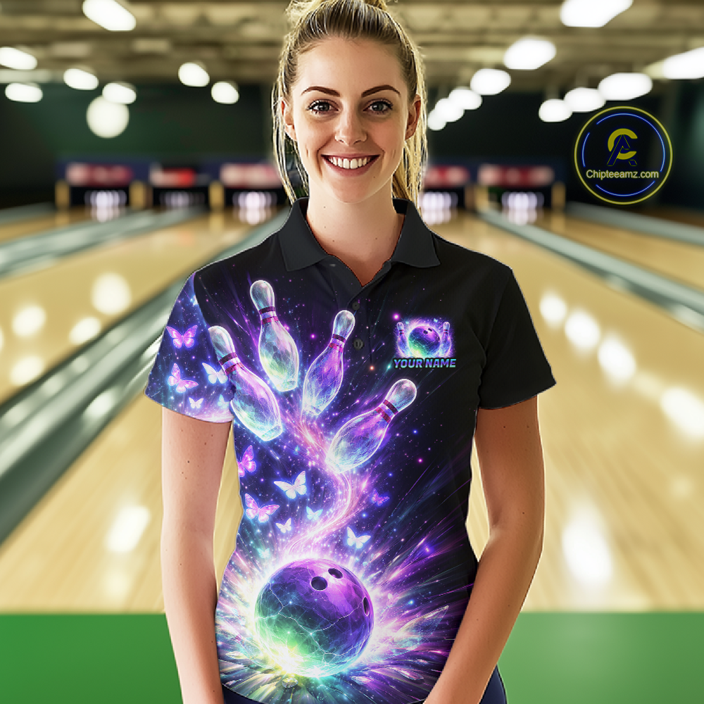 Neon Aurora Bowling Shirt Custom Galaxy Glow Bowling Jersey for Women Polo & Quarter-Zip QZT967