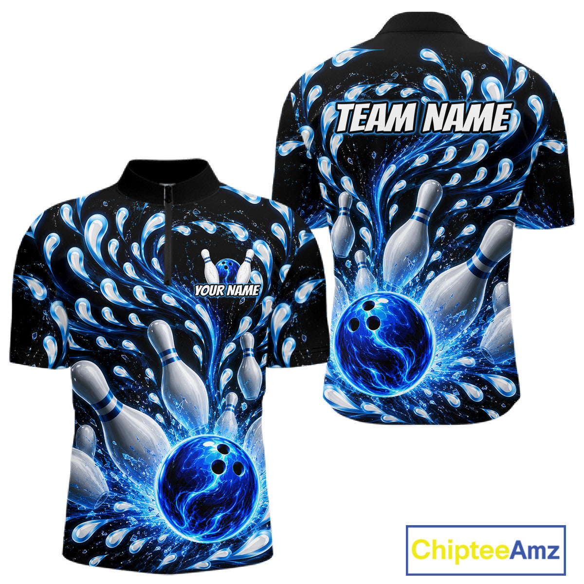 Bowling-themed shirt with blue and black design, featuring a bowling ball and pins, on a white background. 'Team Name' and 'Your Name' text placeholders are visible.