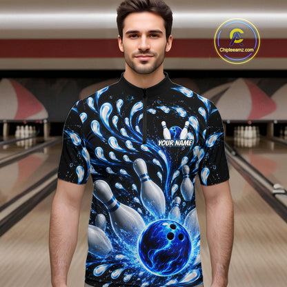Man wearing a custom bowling shirt with a blue and white design in a bowling alley.