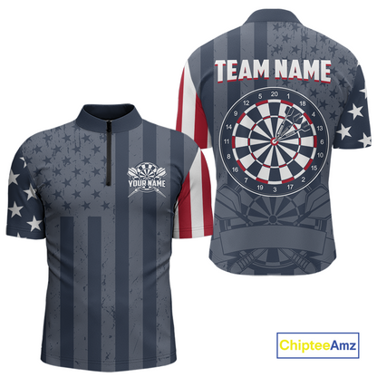 Front and back views of a custom quarter-zip darts shirt, featuring a distressed American flag pattern, large dartboard graphic, and personalized 'YOUR NAME' and 'TEAM NAME'.