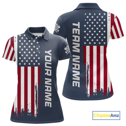 Custom short-sleeve polo shirt shown from front and back on a white background. The shirt features a navy blue base with a distressed American flag print in red, white, and blue, plus large vertical text areas reading 'YOUR NAME' on the front and 'TEAM NAME' on the back.