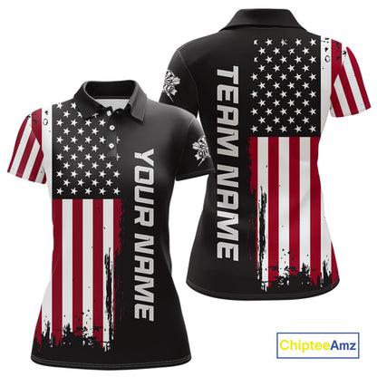 Front and back view of a custom brown dart polo shirt featuring a distressed American flag graphic with personalized team name and player name.