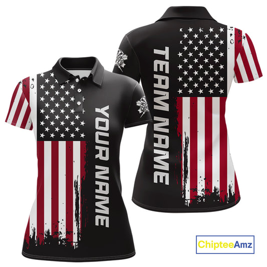 Front and back view of a custom brown dart polo shirt featuring a distressed American flag graphic with personalized team name and player name.