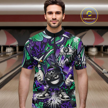 Custom Purple Green Graffiti Funny Bowling Mascot Shirt for Men Polo & 1/4 Zip for Bowling Team QZT1062
