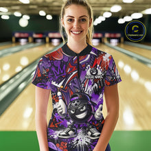 Load image into Gallery viewer, Custom Purple Red Graffiti Funny Bowling Mascot Shirt for Women Polo &amp; 1/4 Zip for Bowling Team QZT1062