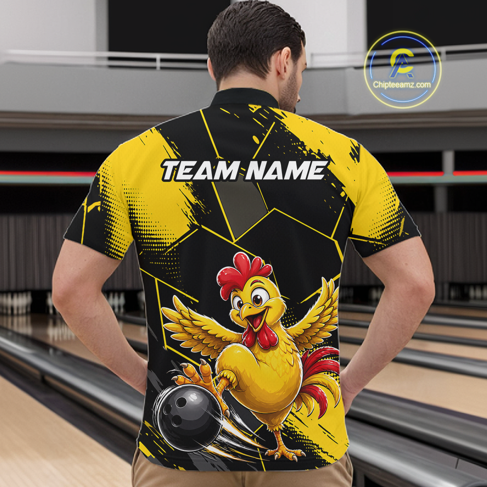 Custom Black & Yellow Funny Chicken Bowling Shirt for Men Bowling Team Jersey Polo & Quarter-Zip QZT1010