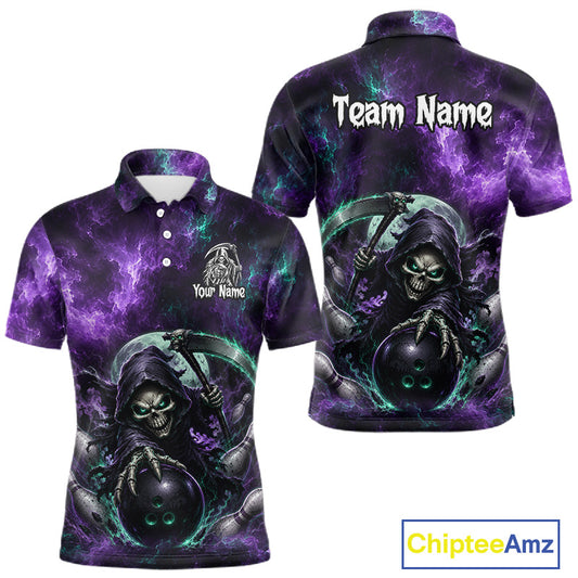 Front and back views of a short-sleeve polo shirt featuring a dark purple and black lightning storm background with a grim reaper holding a bowling ball. The front has a white chest print reading 'Your Name' and a logo, while the back has 'Team Name' in white.